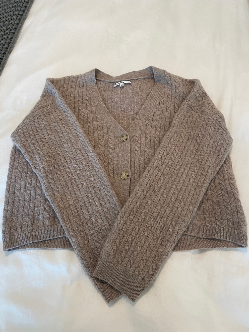 Reformation Taupe Cable Knit V-Neck Cardigan